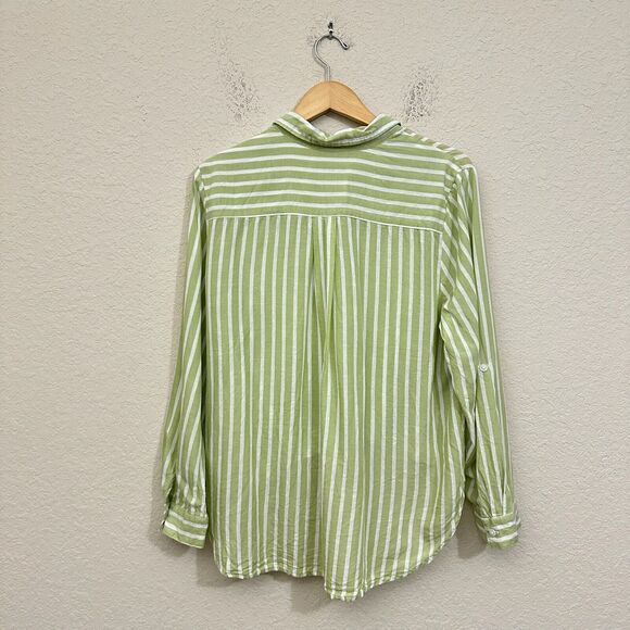 LOLA RIVER Striped Shirt Green White Button Up Tie Roll Tab Sleeve - Picture 2 of 11